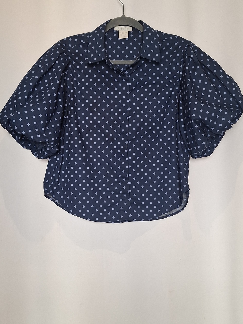 LIFE Polka Dot Puff Sleeve Button-Front Top - Navy Size M